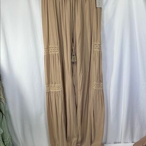 Kingston Grey Tan Wide-Leg Trousers with Lace Cutouts Sz M